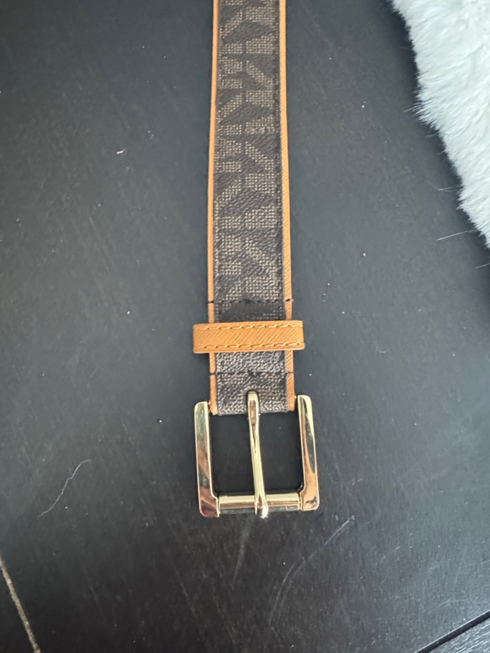 Michael Kors Brown Monogram Logo Belt with Tan Trim and Gold Buckle